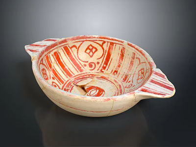 Traditional Ceramic Bowl with Red Patterns and Symmetric Handles for Daily Use 3d model