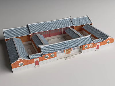 Traditional Chinese Courtyard Architecture With Gray Tiled Roofs Red Doors And Circular Windows 3d model