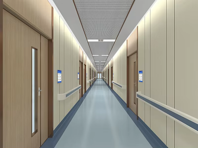 Spacious Elevator Corridor With Wooden Doors Light Walls And Blue Floor 3d model