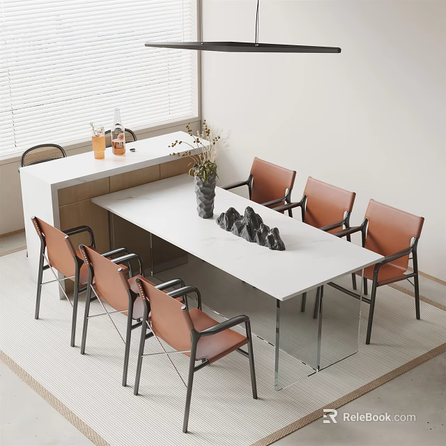 Modern Dining Table Set With White Table And Brown Chairs And Decorative Vase 3d model