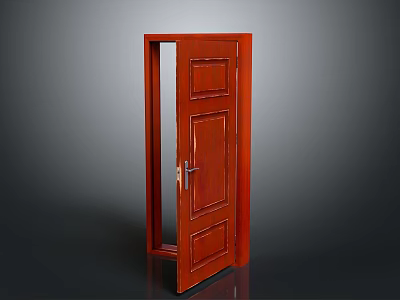 Open Red Wooden Main Door With Solid Wood Frame And Metal Handle 3d model