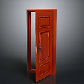 Open Red Wooden Main Door With Solid Wood Frame And Metal Handle 3d model
