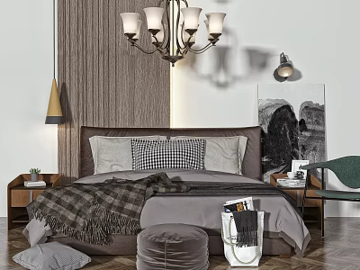 Cozy Double Bed with Wooden Background Chandelier Pillows Bedside Tables and Green Chair 3d model