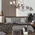 Cozy Double Bed with Wooden Background Chandelier Pillows Bedside Tables and Green Chair