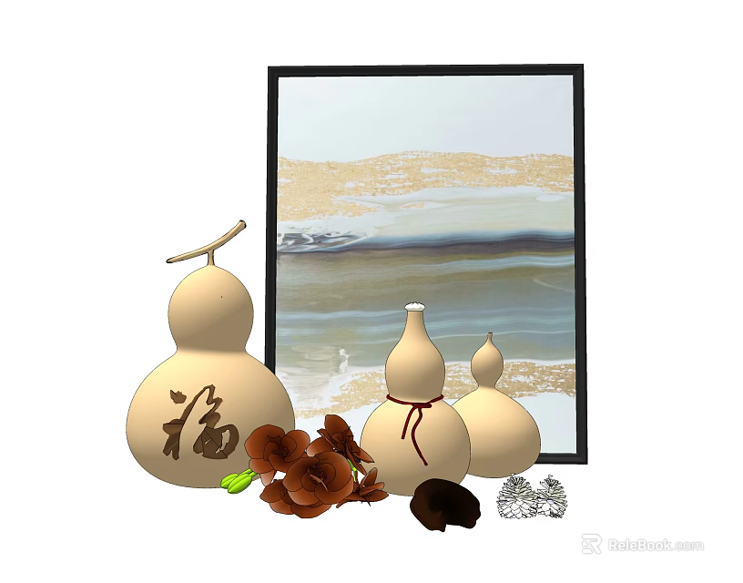 Decorative Ornament Set with Gourd Figurines Chinese Fu Character Magnolia Flowers and Black Frame Painting 3d model 
