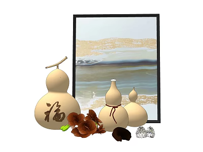Decorative Ornament Set with Gourd Figurines Chinese Fu Character Magnolia Flowers and Black Frame Painting 3d model