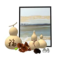 Decorative Ornament Set with Gourd Figurines Chinese Fu Character Magnolia Flowers and Black Frame Painting