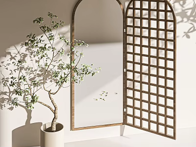 Arched Lattice Mirror Near Potted Plant In Soft Light 3d model