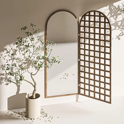 Arched Lattice Mirror Near Potted Plant In Soft Light 3d model