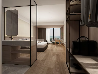 Modern Hotel Room Interior With Floor To Ceiling Windows Wooden Flooring Bed Wardrobe And Luggage 3d model