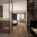 Modern Hotel Room Interior With Floor To Ceiling Windows Wooden Flooring Bed Wardrobe And Luggage