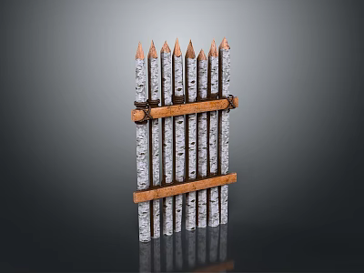 Scenic White Tree Trunk Fence Featuring Brown Horizontal Logs Pointed Tops Dark Background and Reflection 3d model