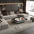 Modern Living Room Sofa And Coffee Table Set With Cushions Decorative Items And Bookshelves