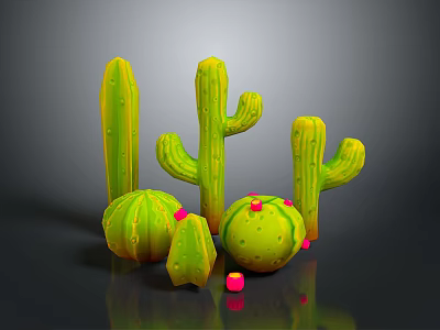 3D Rendered Green Cacti With Various Sizes Shapes Small Pink Decorations Gray Background Glossy Surface 3d model