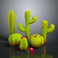 3D Rendered Green Cacti With Various Sizes Shapes Small Pink Decorations Gray Background Glossy Surface
