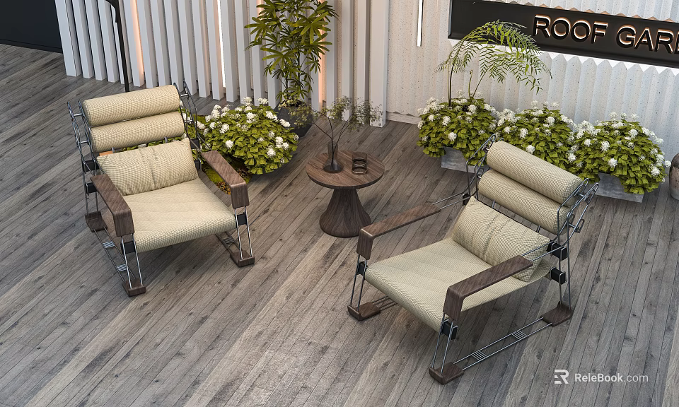 Garden Landscape with Outdoor Leisure Chairs Round Table and Lush Greenery on Wooden Deck 3d model 