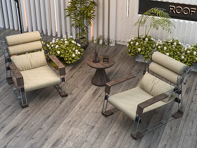 Garden Landscape with Outdoor Leisure Chairs Round Table and Lush Greenery on Wooden Deck 3d model