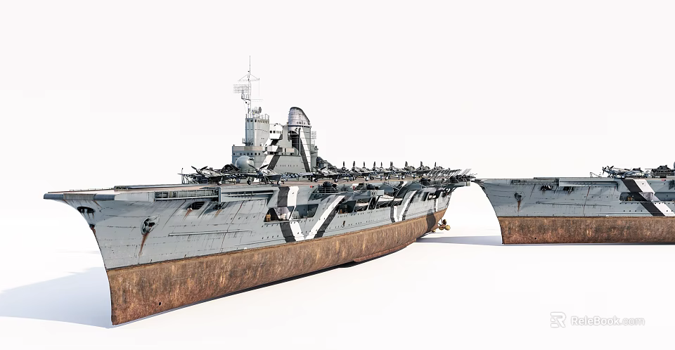 Old Aircraft Carrier Deck With Parked Aircraft And Rusted Hull Against White Background 3d model 