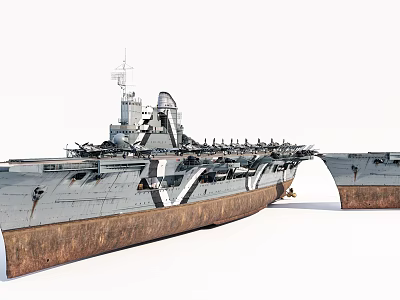 Old Aircraft Carrier Deck With Parked Aircraft And Rusted Hull Against White Background 3d model