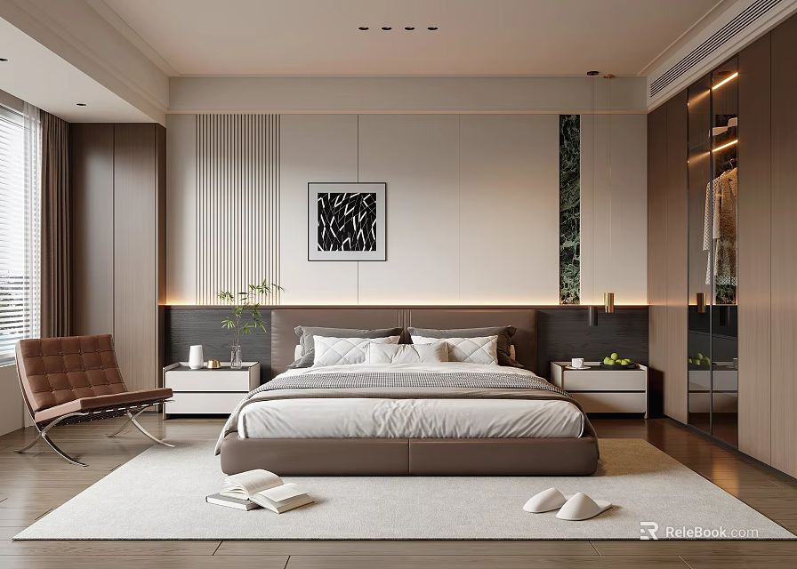 Modern Bedroom Interior Design With Large Bed Nightstands Soft Rug And Wall Art 3d model 