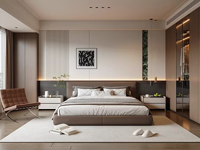 Modern Bedroom Interior Design With Large Bed Nightstands Soft Rug And Wall Art 3d model