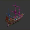 Ancient Wooden Sailboat Model With Multiple Red Masts And Brown Hull