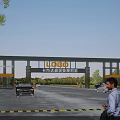 Modern Entrance Gate of Traffic Management Command Center with Vehicles Pedestrians and Trees