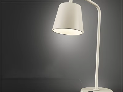 Modern White Table Lamp With Curved Arm And Round Base Design 3d model