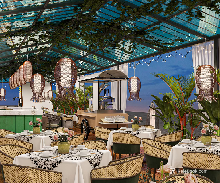 Elegant Restaurant Interior With Glass Roof Hanging Lanterns Wicker Chairs And White Tablecloths 3d model 
