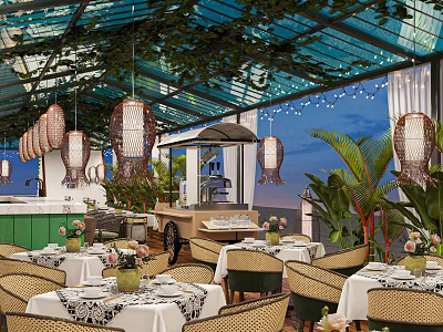Elegant Restaurant Interior With Glass Roof Hanging Lanterns Wicker Chairs And White Tablecloths 3d model
