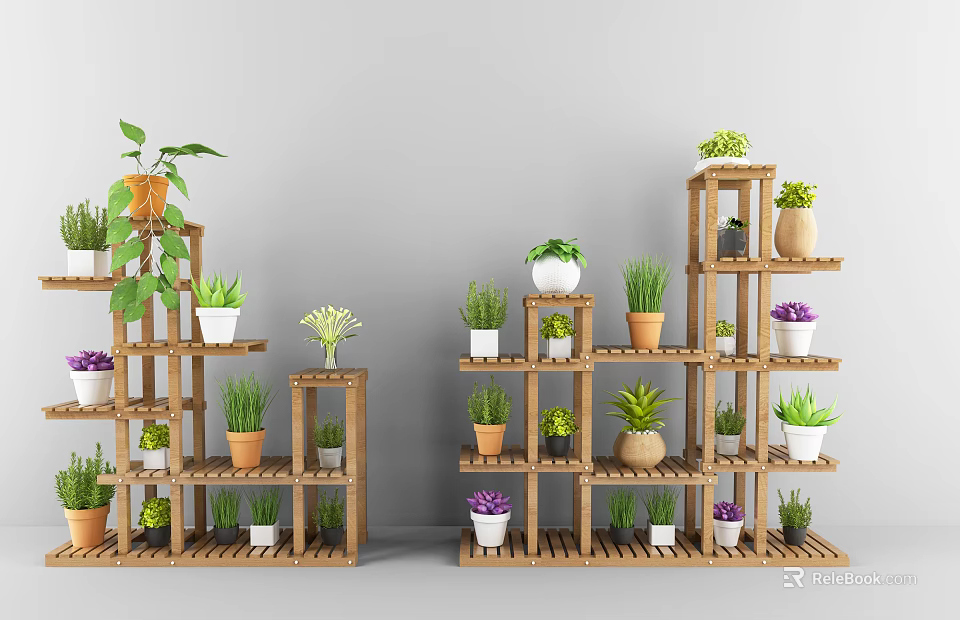 Indoor Garden Decor With Wooden Layered Plant Stands And Various Potted Plants 3d model 