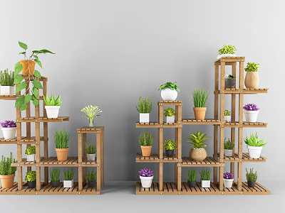 Indoor Garden Decor With Wooden Layered Plant Stands And Various Potted Plants 3d model