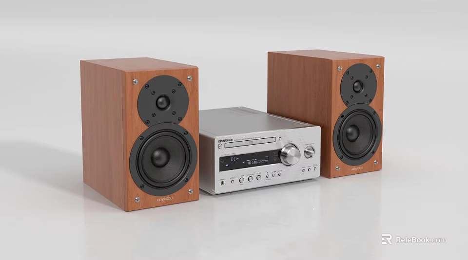 Home Audio Stereo System With Wooden Speakers Silver Player And Control Knobs 3d model 