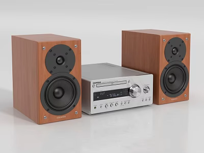 Home Audio Stereo System With Wooden Speakers Silver Player And Control Knobs 3d model
