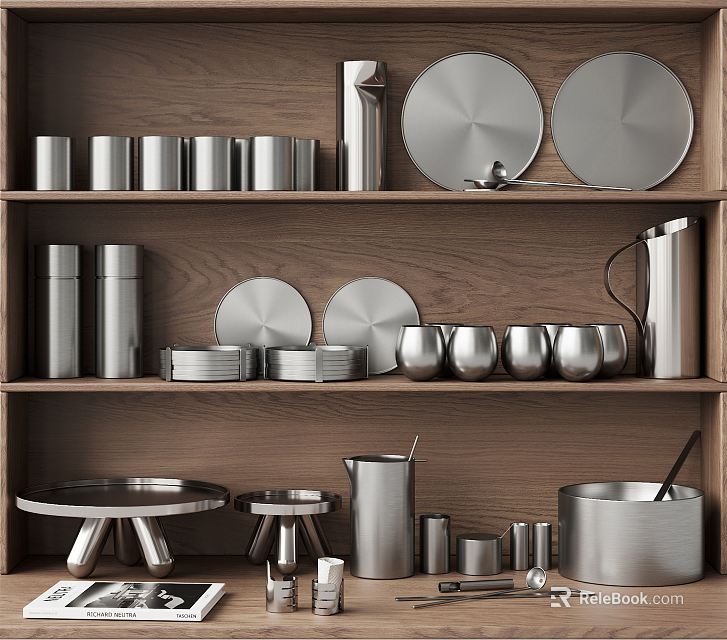 Elegant Stainless Steel Kitchen Cookware Displayed on Wooden Shelves with Plates Mugs and Pitcher 3d model 