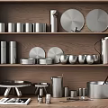 Elegant Stainless Steel Kitchen Cookware Displayed on Wooden Shelves with Plates Mugs and Pitcher