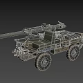 Military Wheeled Artillery Vehicle With Long Cannon And Green Camouflage Body