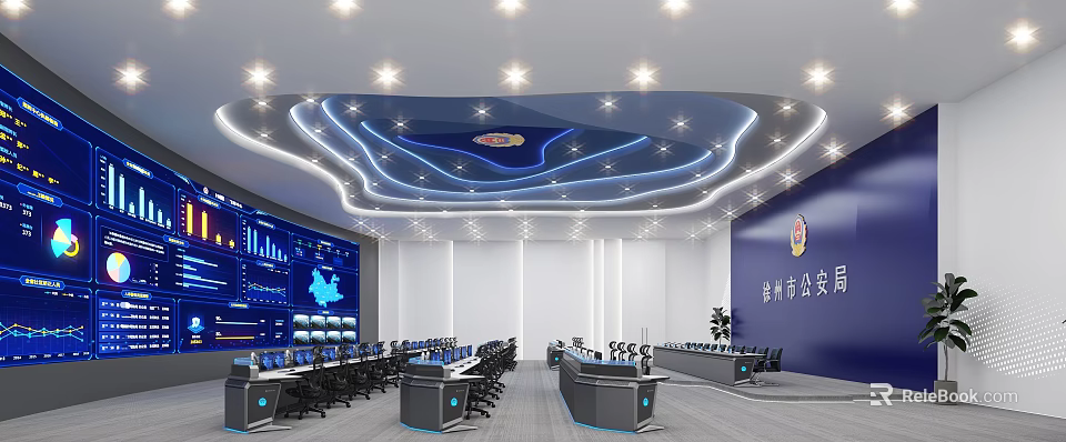 Monitoring Command Center Interior With Control Desks Large Screen And Blue Lighting 3d model 