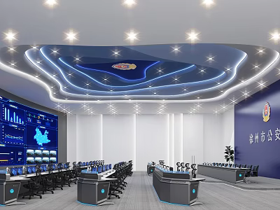 Monitoring Command Center Interior With Control Desks Large Screen And Blue Lighting 3d model