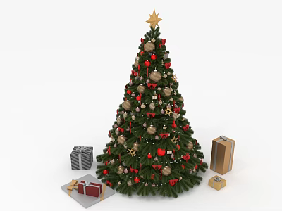 Festive Decorated Christmas Tree with Star on Top and Gifts Around 3d model