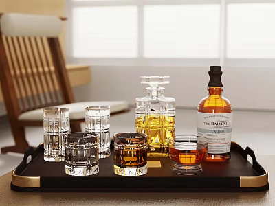 Black Gold Trim Whiskey Tray With Glasses Decanter And Johnnie Walker Bottle 3d model