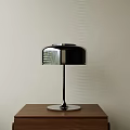 Brown Side Table with Black Lamp Metal Stand and Round Base by Light Colored Wall 3d model