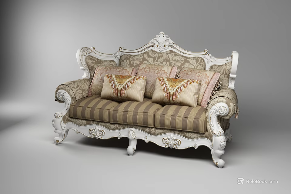 Elegant Three Seater Sofa Classic European Style With Ornate Carvings Striped Fabric And Decorative Pillows 3d model 