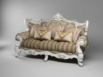 Elegant Three Seater Sofa Classic European Style With Ornate Carvings Striped Fabric And Decorative Pillows 3d model