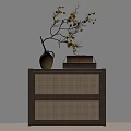 Angle Stone Wooden Bedside Table With Woven Design Vase And Stacked Books