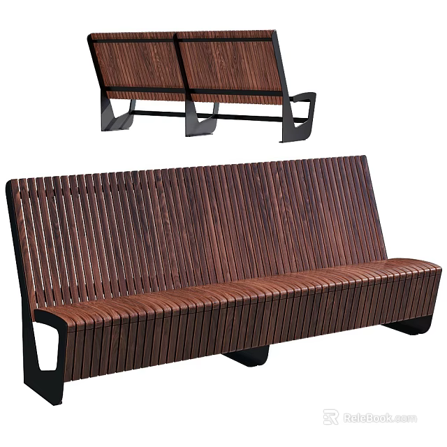Multi Person Sofa With Elongated Dark Brown Wooden Slat Design And Black Metal Frame 3d model 