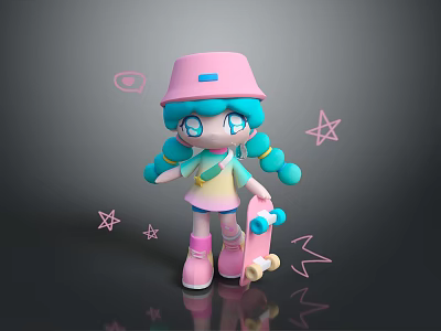 Cute Game and Movie Character With Pink Hat Blue Pigtails Skateboard and Pink Stars 3d model