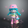 Cute Game and Movie Character With Pink Hat Blue Pigtails Skateboard and Pink Stars