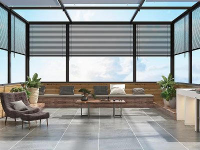 Bright Sunroom Interior With Glass Roof Black Blinds Wooden Sofa Gray Floor Tiles And Plants 3d model