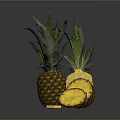 Fresh Whole Pineapple with Green Leaves and Sliced Yellow Flesh Displayed on Dark Background